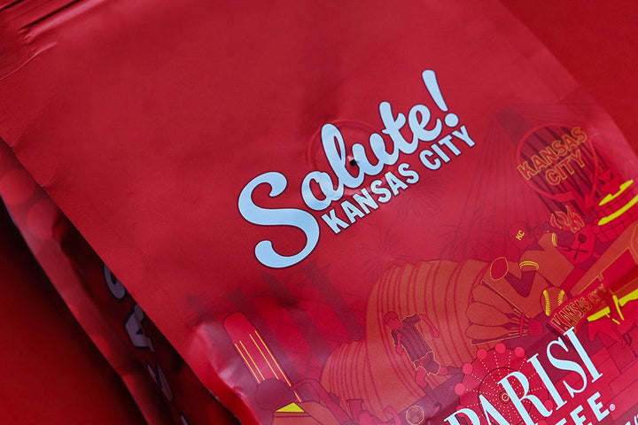Close-up of Parisi Coffee Salute! Kansas City bag — Soccer Capital of America collection